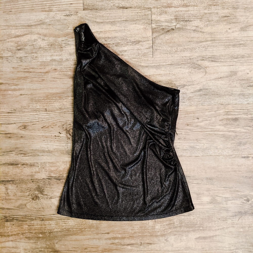 CACHÈ Charcoal Metallic Edgy Asymmetrical Top - Picture 1 of 6